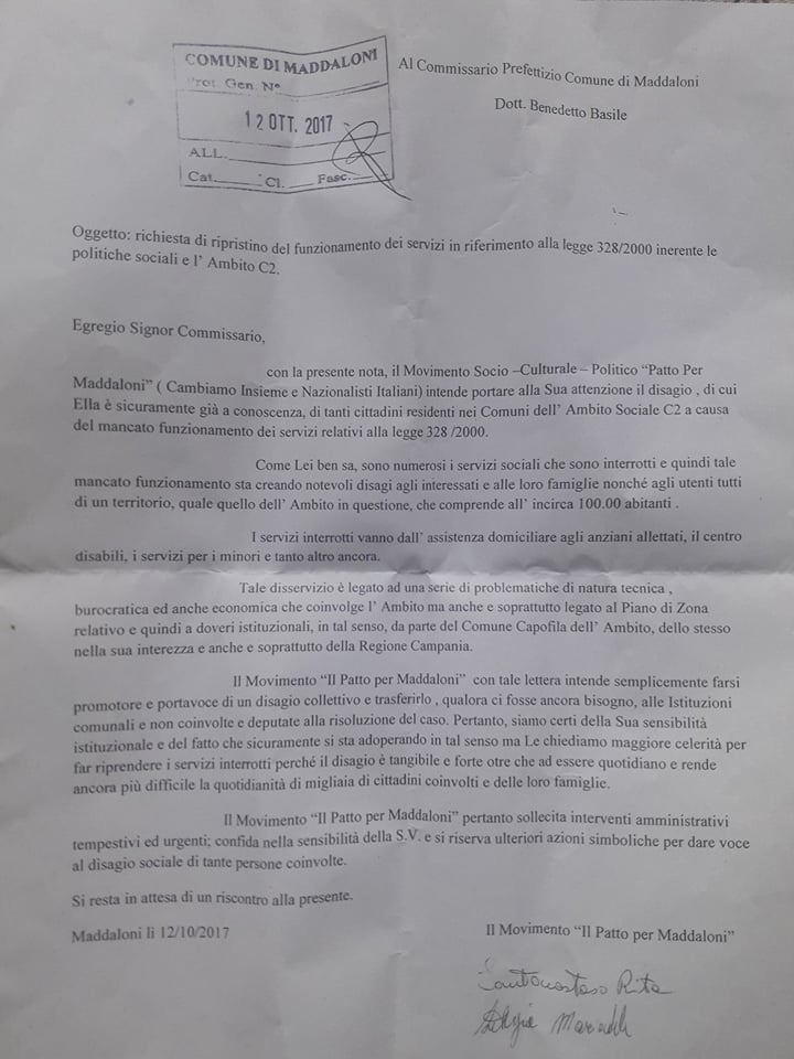 politiche sociali lettera al comune